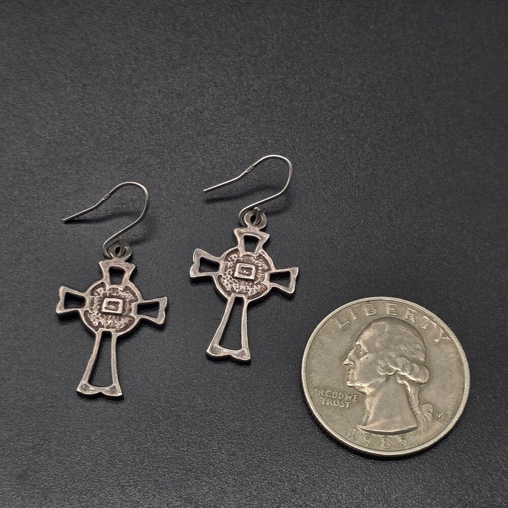 Sterling SIlver Cross Earrings Dangle Drop Pierced 925 - Picture 3 of 10